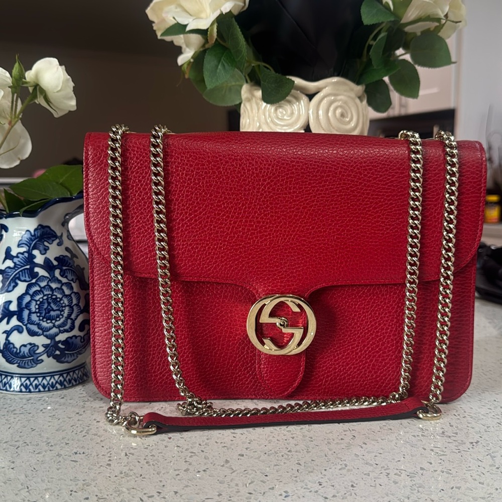 ❤️GUCCI Dollar Red Calfskin Interlocking G Shoulder Bag